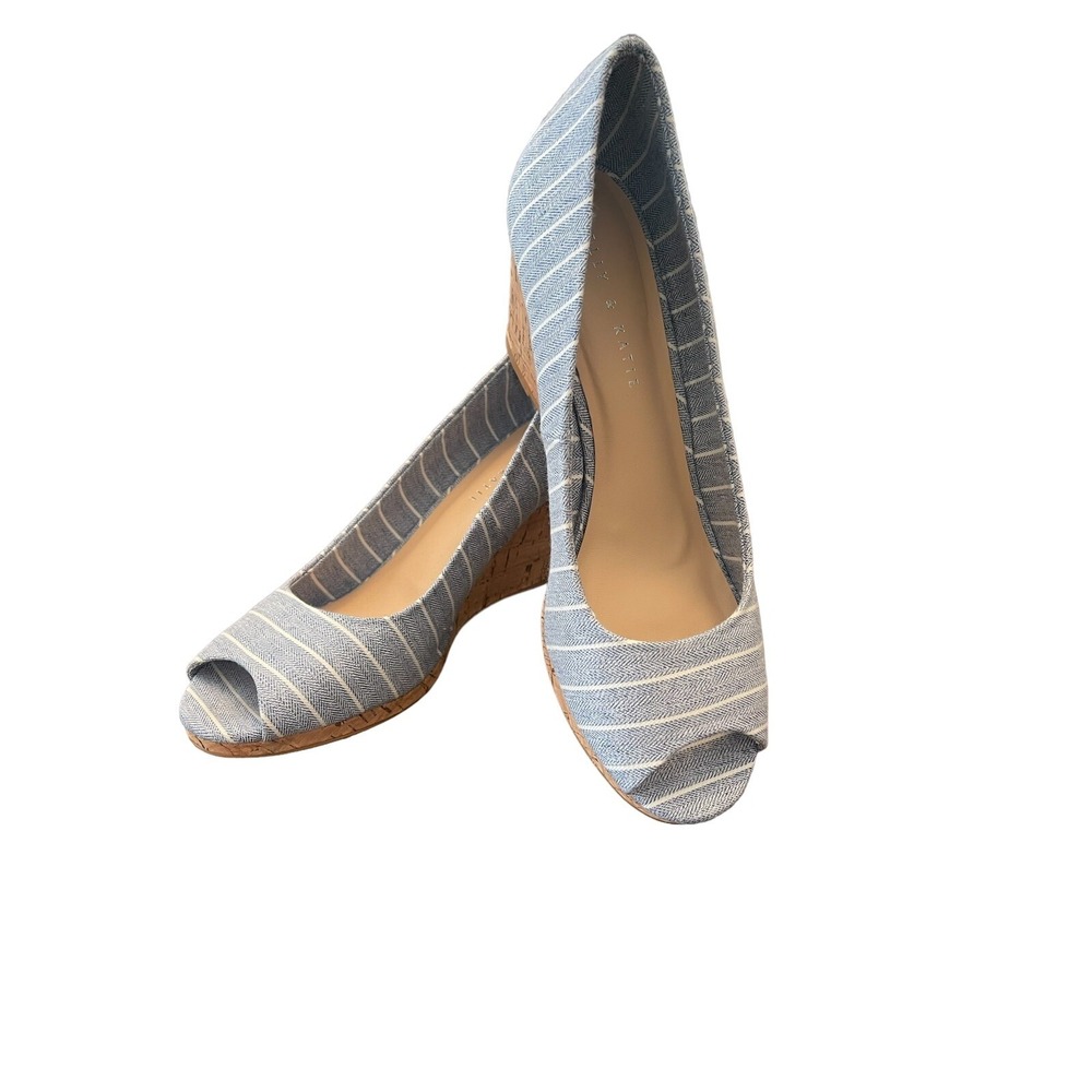 Kelly & Katie Blue and White Striped Peep Toe Cork Wedge Heel SIZE 10